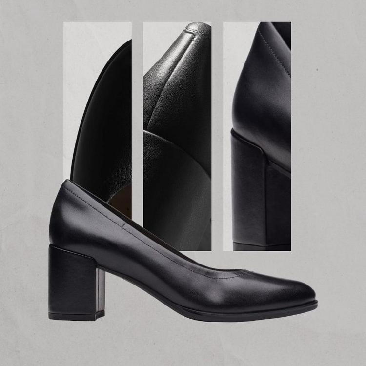 Clarks women's Freva 55 Court smart black heeled shoes.